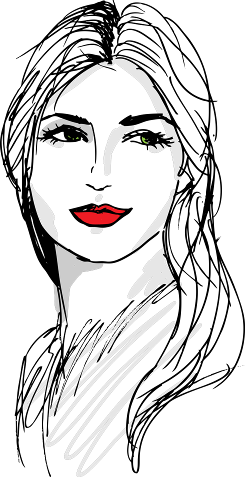 drawing of a woman's face in black ink, with red lipstick